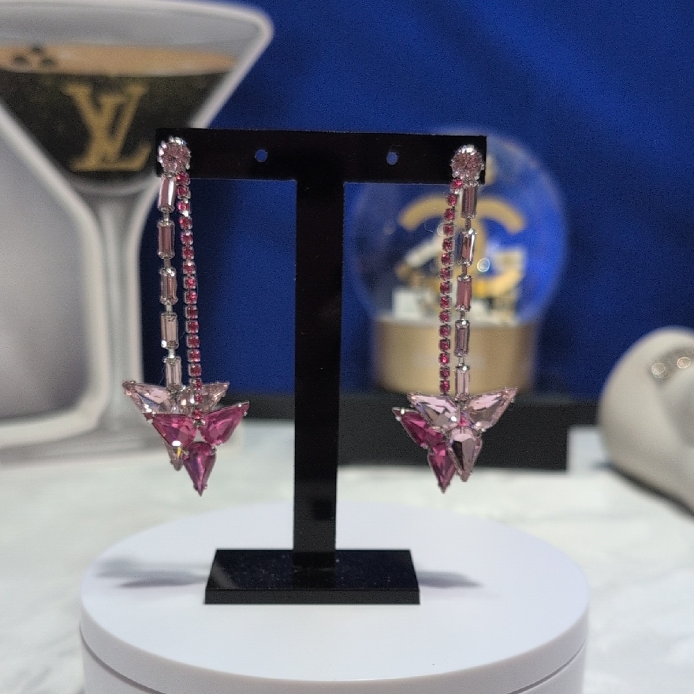 Henri Bendel Star Gem Linear Drop Earrings - Silver W/ Lt & Dk Pink -NEW🔥